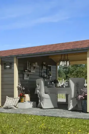 Hete Deal Tuinhuis Theres 7 28 mm met Overkapping Terragrijs 604 x 300 cm